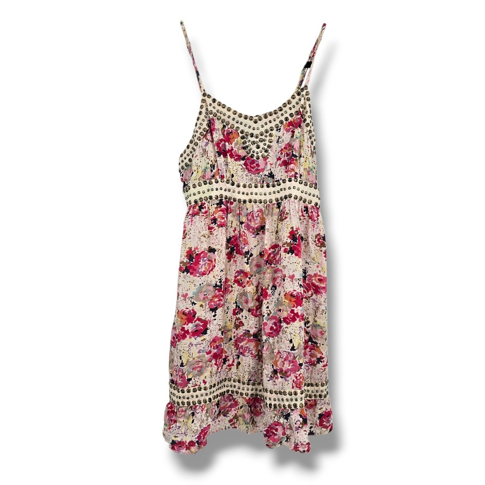 Angie Womens Floral Studded Boho Mini Dress Pink Orange Rayon Smocked Back L